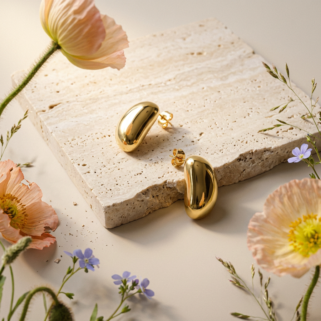 Vionia Golden Oval Stud Earrings