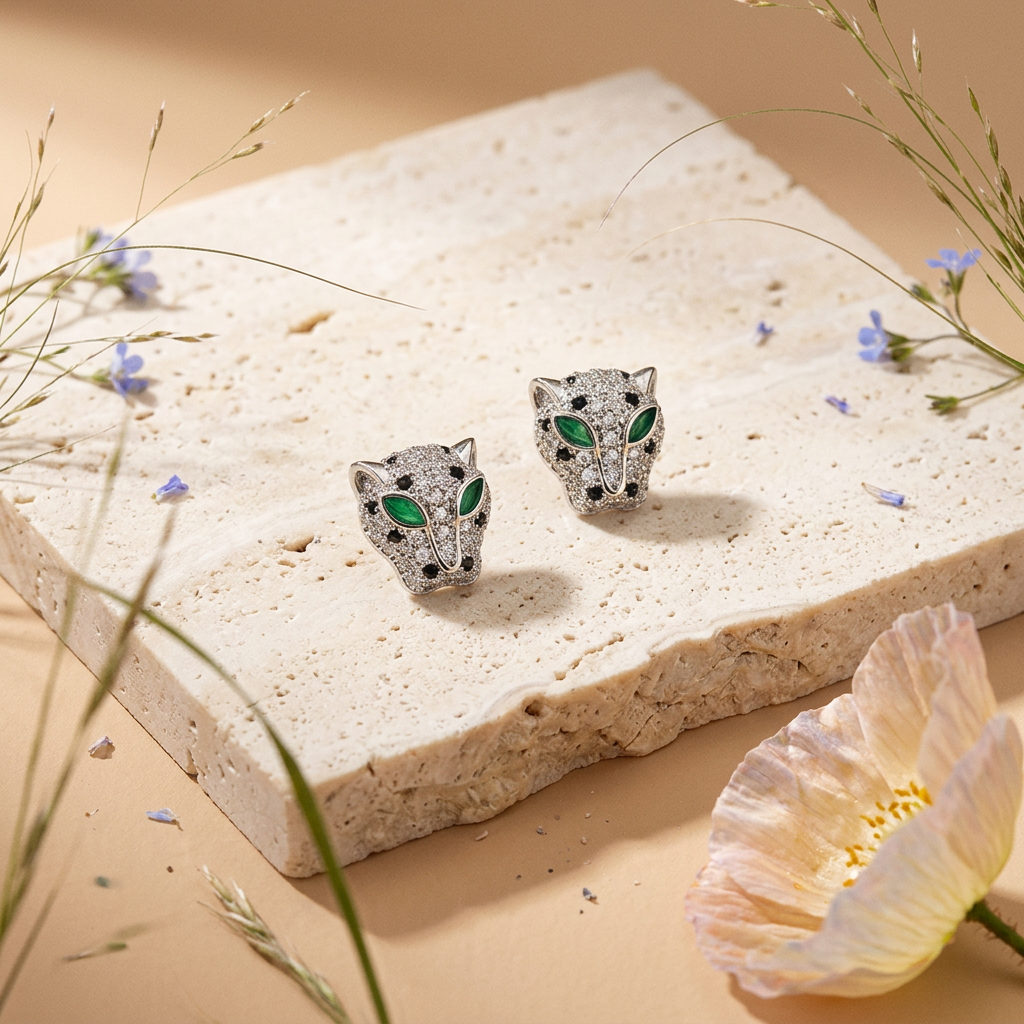Reonia Silver Panther Stud Earrings