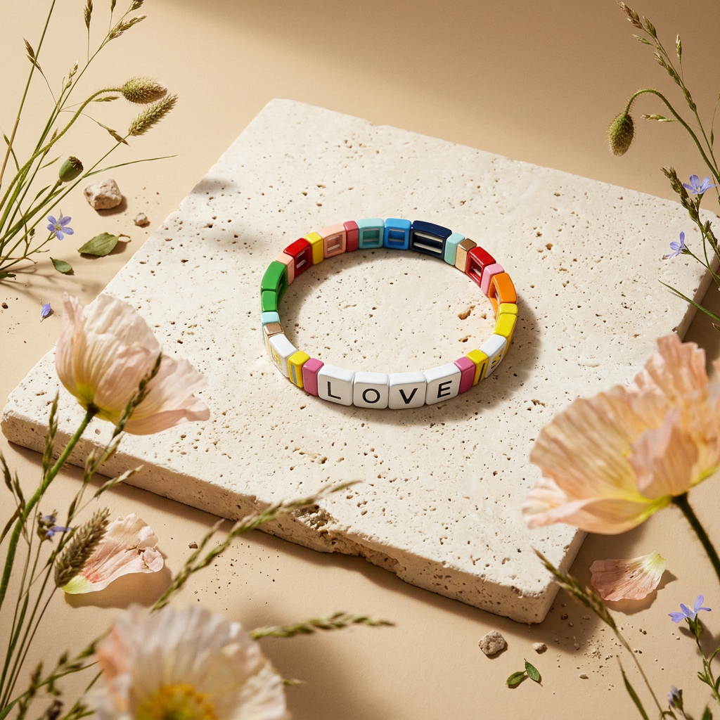Maevia "LOVE" Label Enamel Tile Bead Bracelet