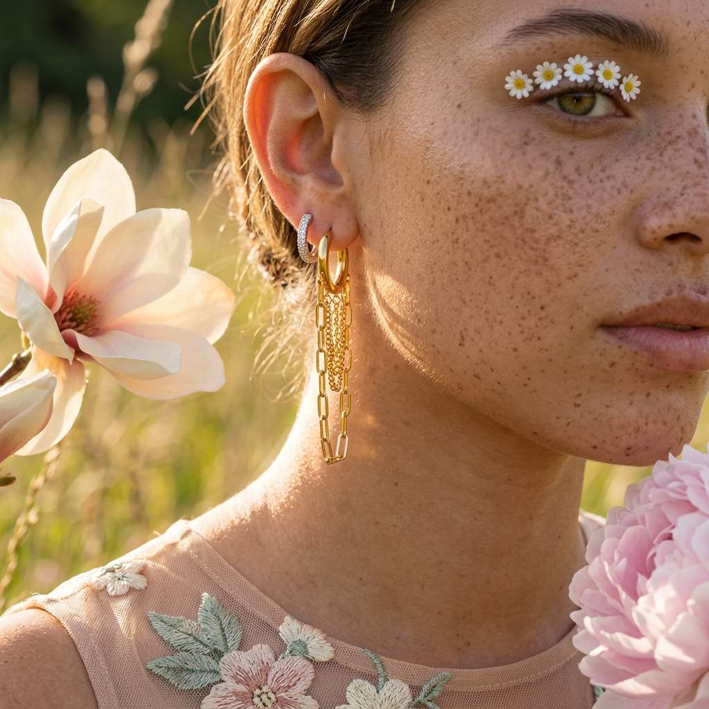 Vealina Golden Chain Drop Huggie Earrings