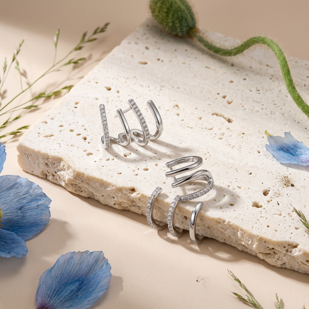 Leovia Silver Crescent Huggie Earrings