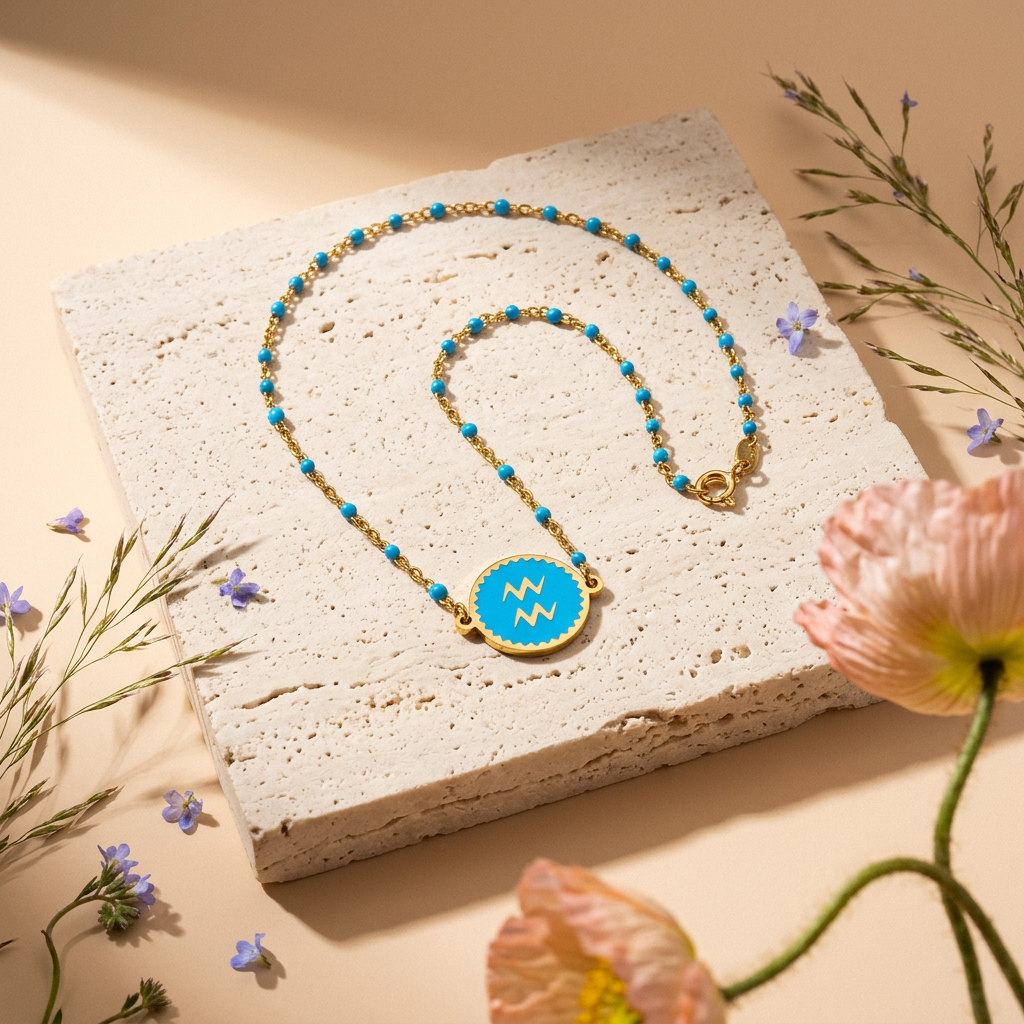 Tealia Golden Disc "Aquarius" Zodiac Pendant Necklace
