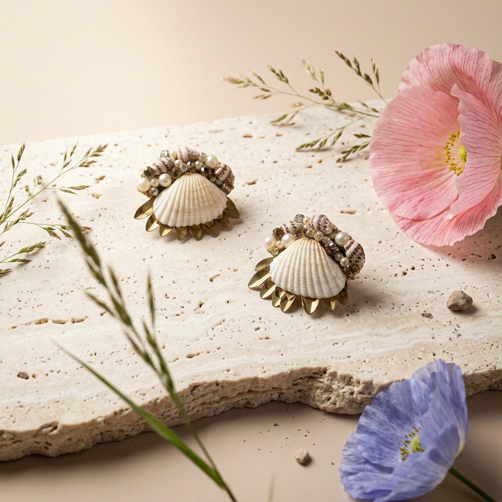 Raelia Golden Shell Cluster Stud Earrings