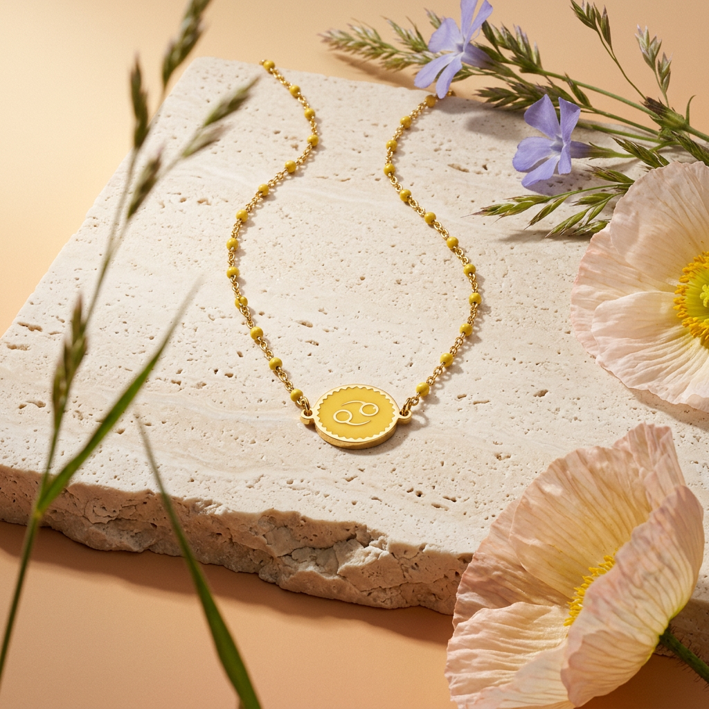 Mialea Golden Disc "Cancer" Zodiac Pendant Necklace