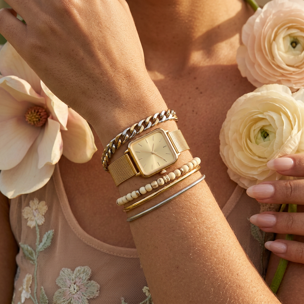 Lauvia Golden Rectangular Strap Watch