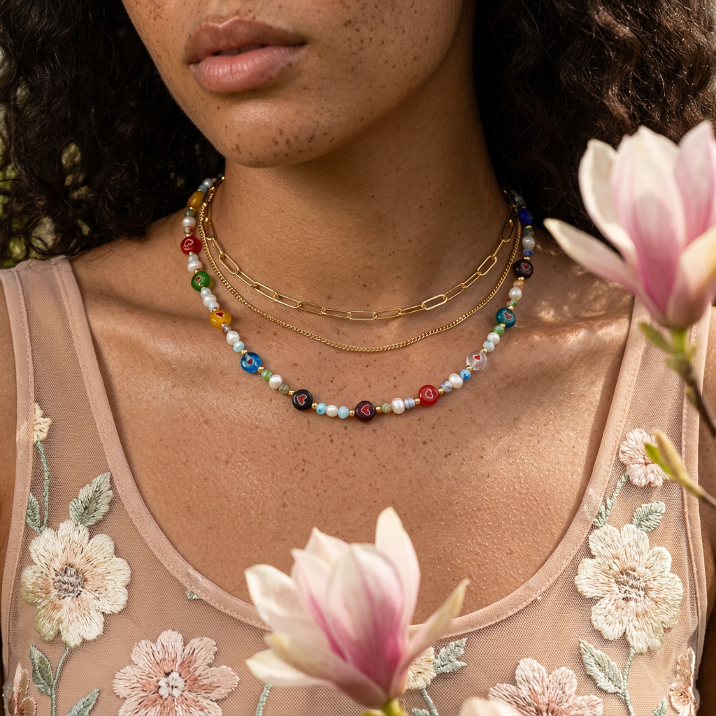 Liora Golden Heart Disc Beaded Necklace