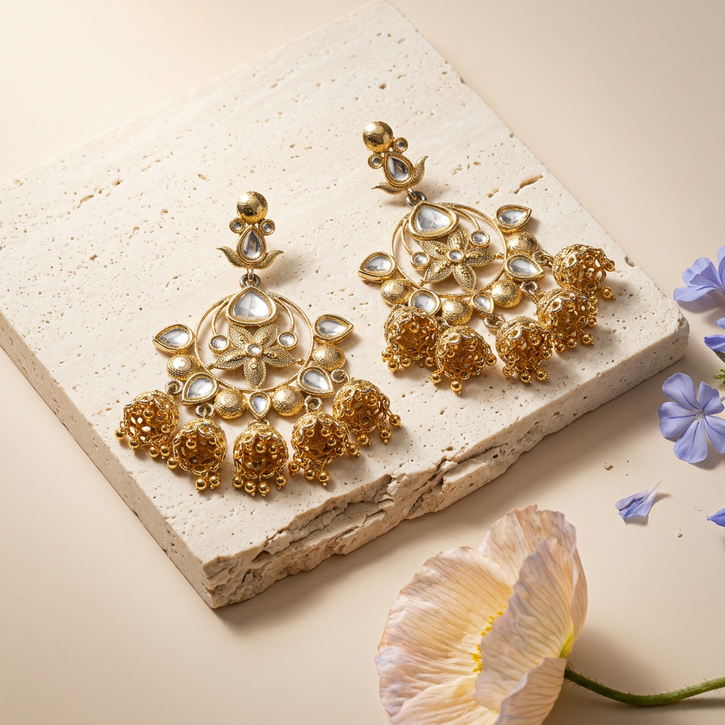 Vionia Golden Teardrop Chandbali Drop Earrings