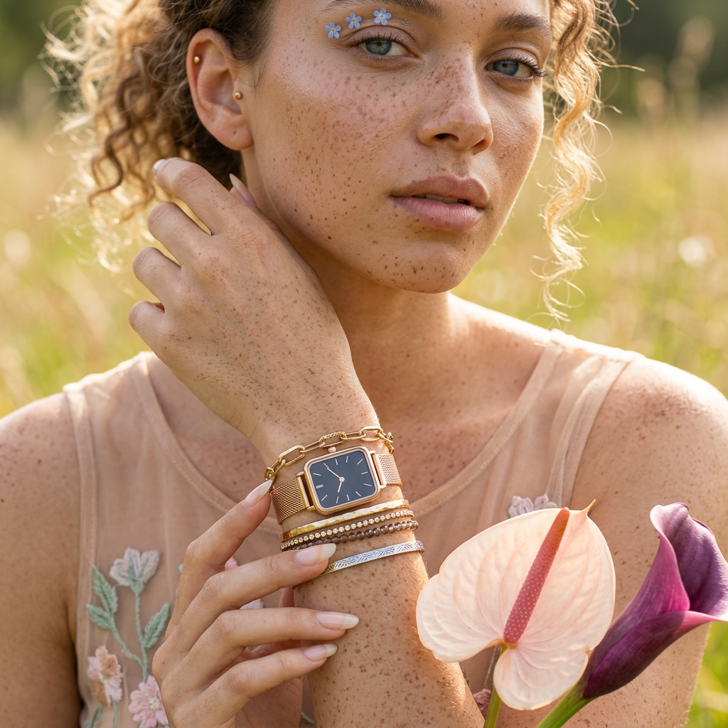 Raenia Rose Gold Square Mesh Watch