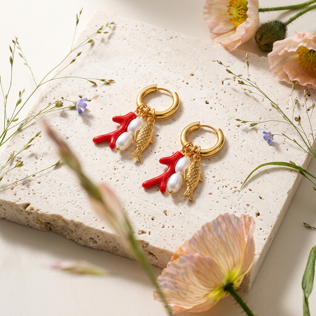 Zeionia Golden Coral Cluster Huggie Earrings