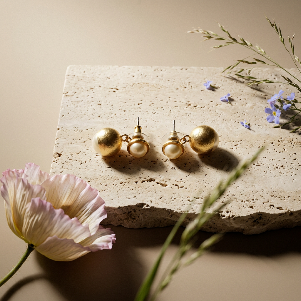 Naevia Golden Pearl Stud Earrings