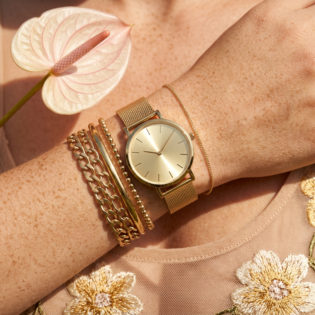 Raevia Golden Disc Mesh Strap Watch