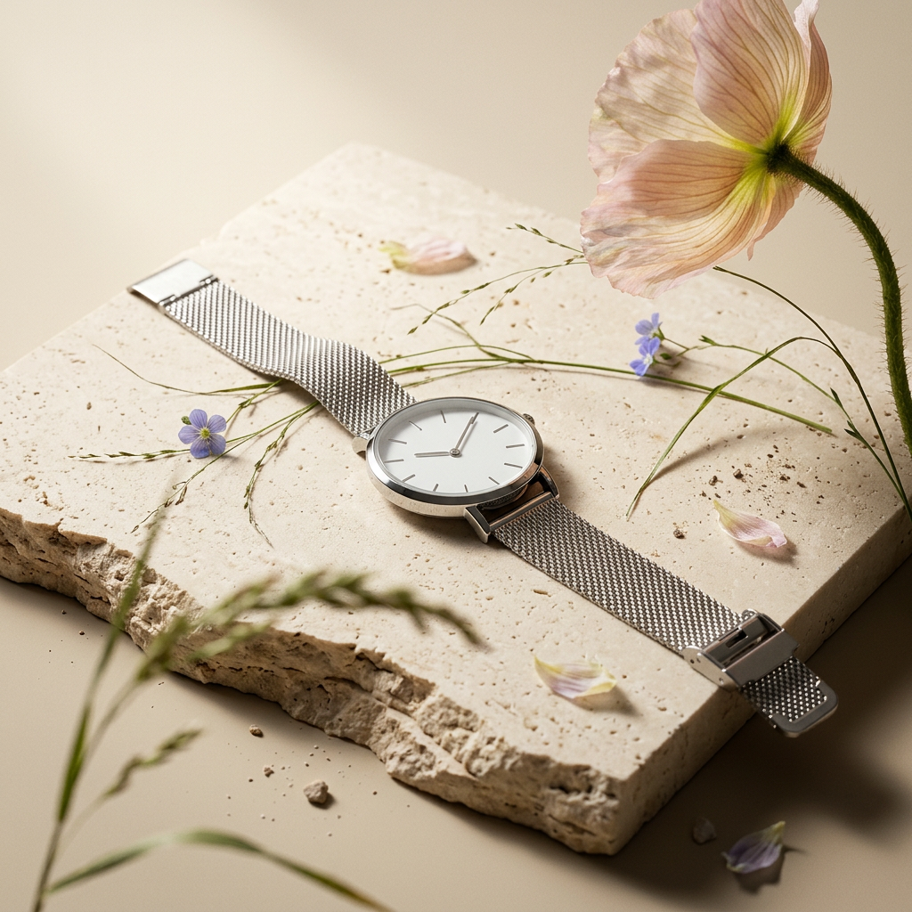 Zionia Silver Disc Mesh Watch