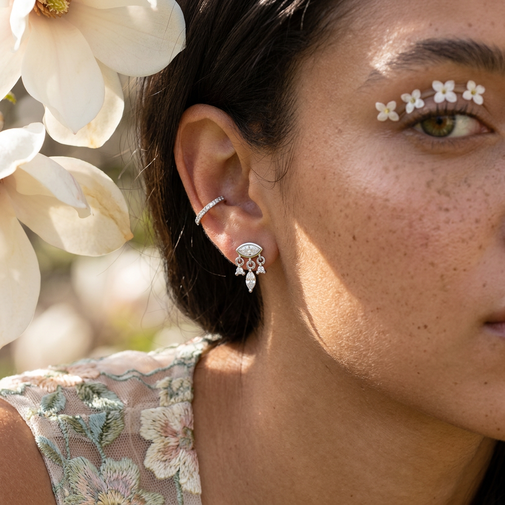 Vielia Silver Marquise Drop Stud Earrings