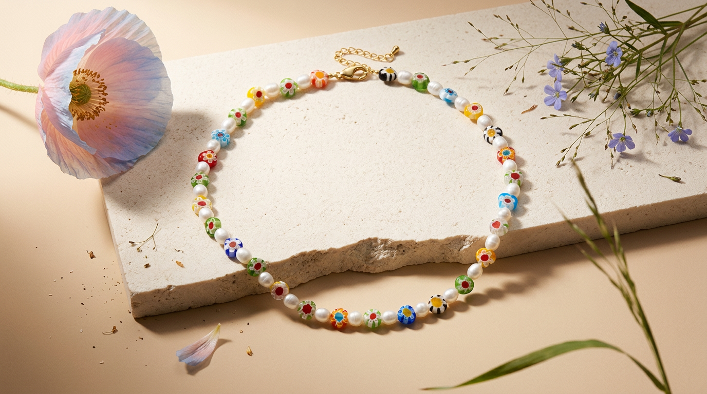 Viomia Golden Flower Bead Choker Necklace