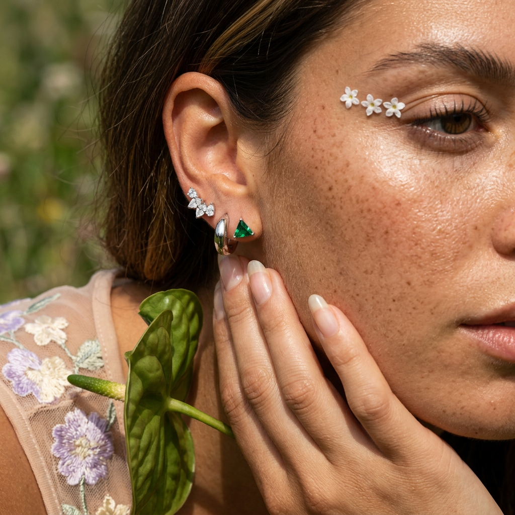 Zaephia Silver Triangle Emerald Stud Earrings