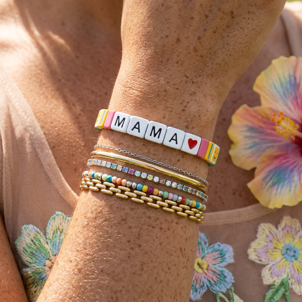 Ziopha Tile "MAMA" Label Bead Strand Bracelet