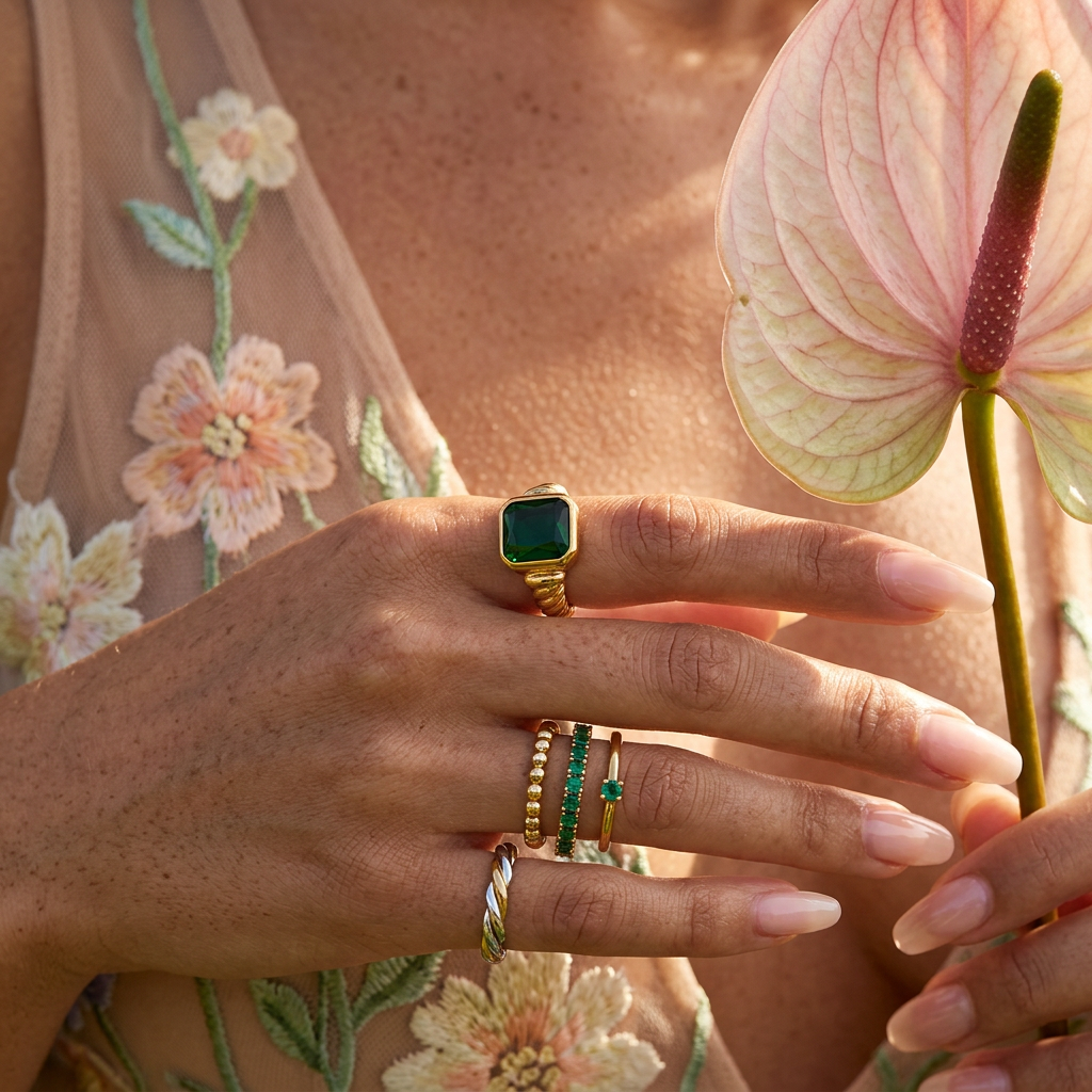 Rionia Golden Emerald Statement Ring