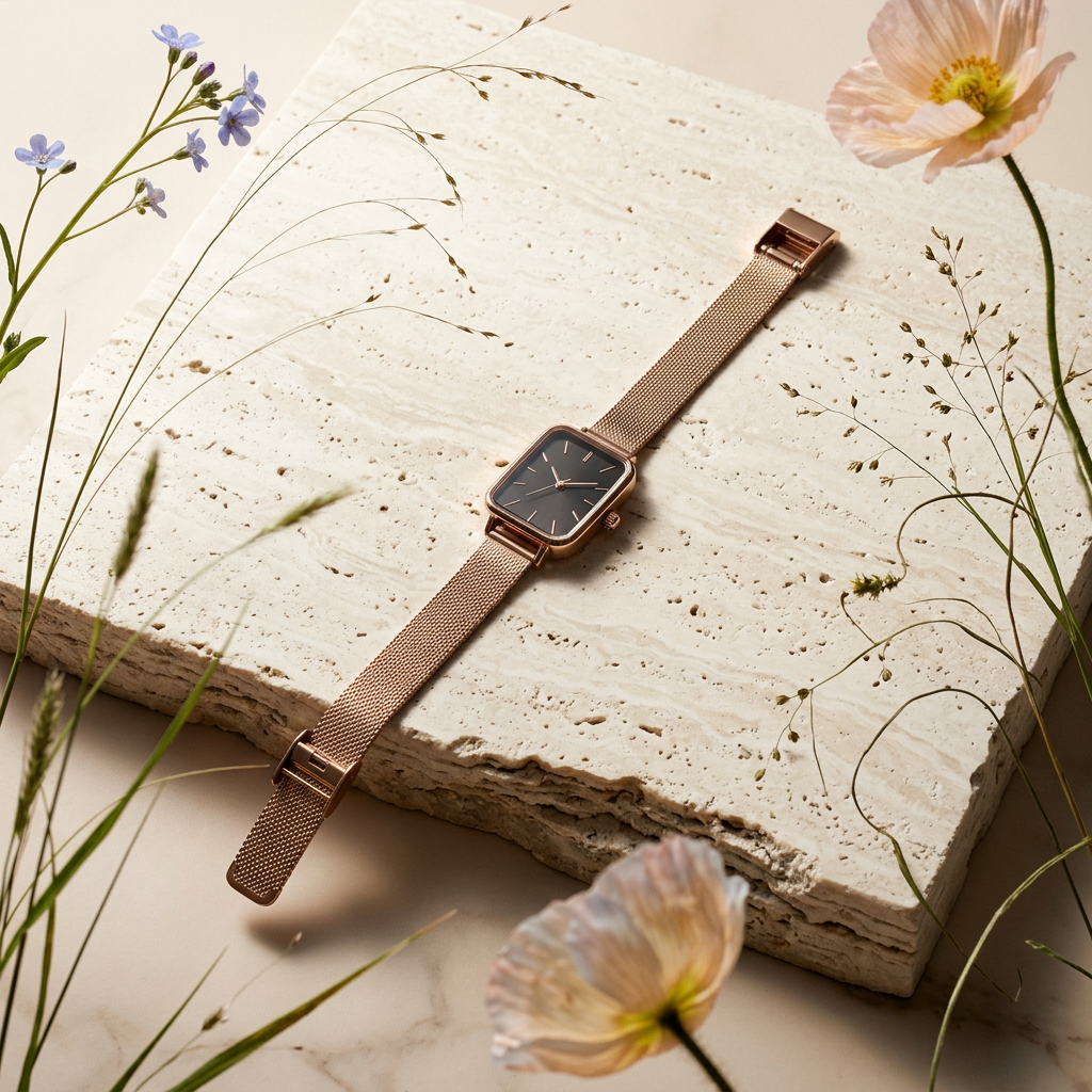 Raenia Rose Gold Square Mesh Watch