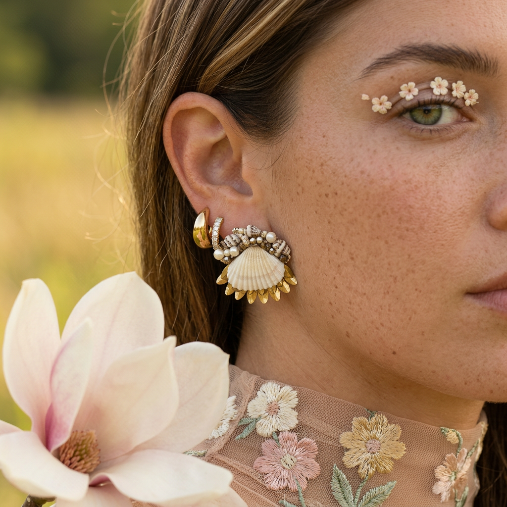 Raelia Golden Shell Cluster Stud Earrings