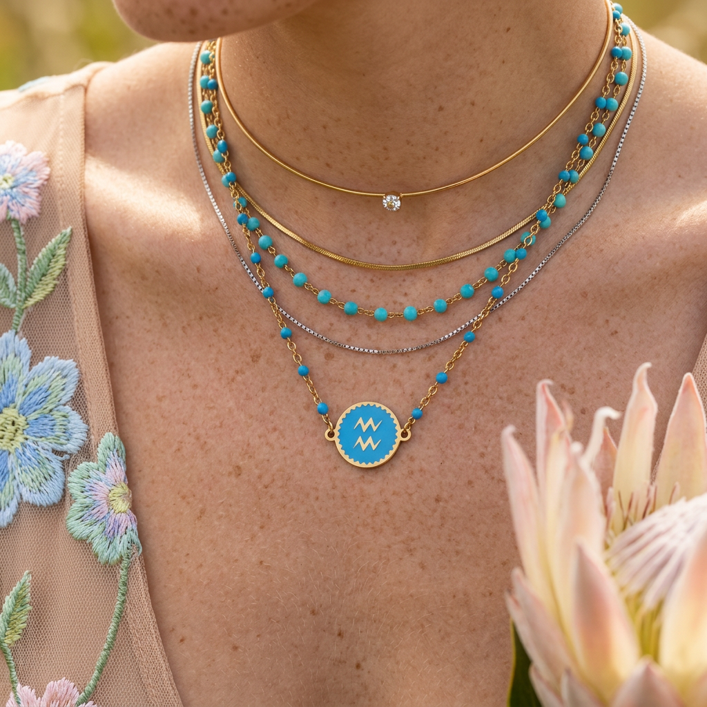 Tealia Golden Disc "Aquarius" Zodiac Pendant Necklace