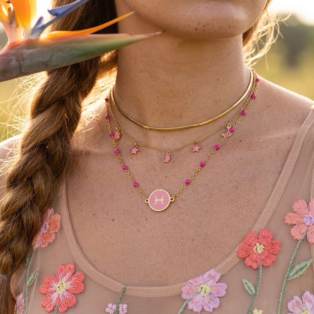 Paelia Golden Disc "Pisces" Zodiac Pendant Necklace