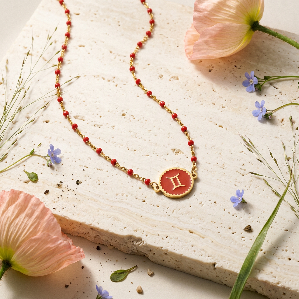 Zaephia Golden "Gemini" Zodiac Disc Pendant Necklace
