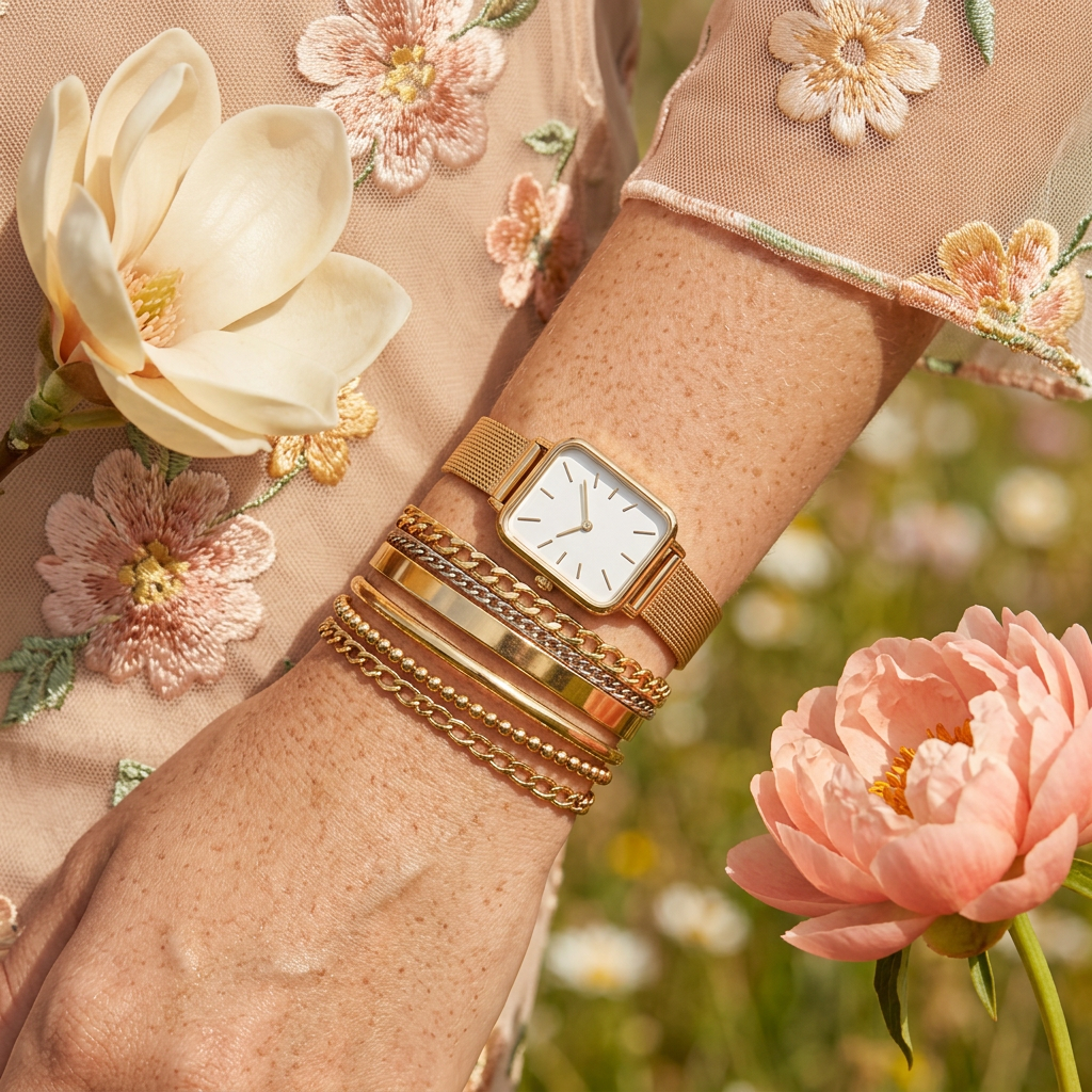 Naevia Golden Rectangular Mesh Watch