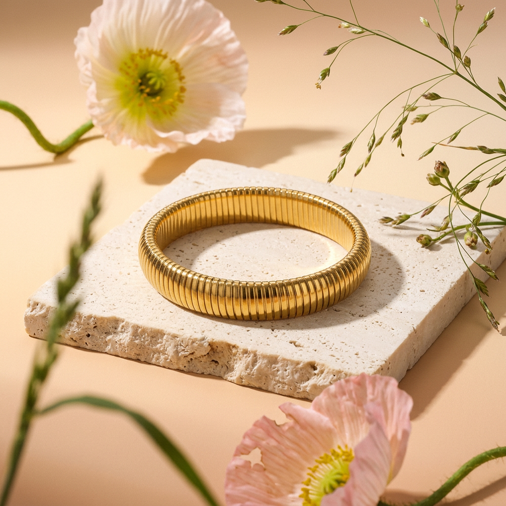 Vaelia Golden Ribbed Bangle Bracelet