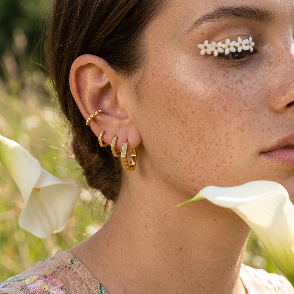 Zeora Golden Hexagon Huggie Earrings