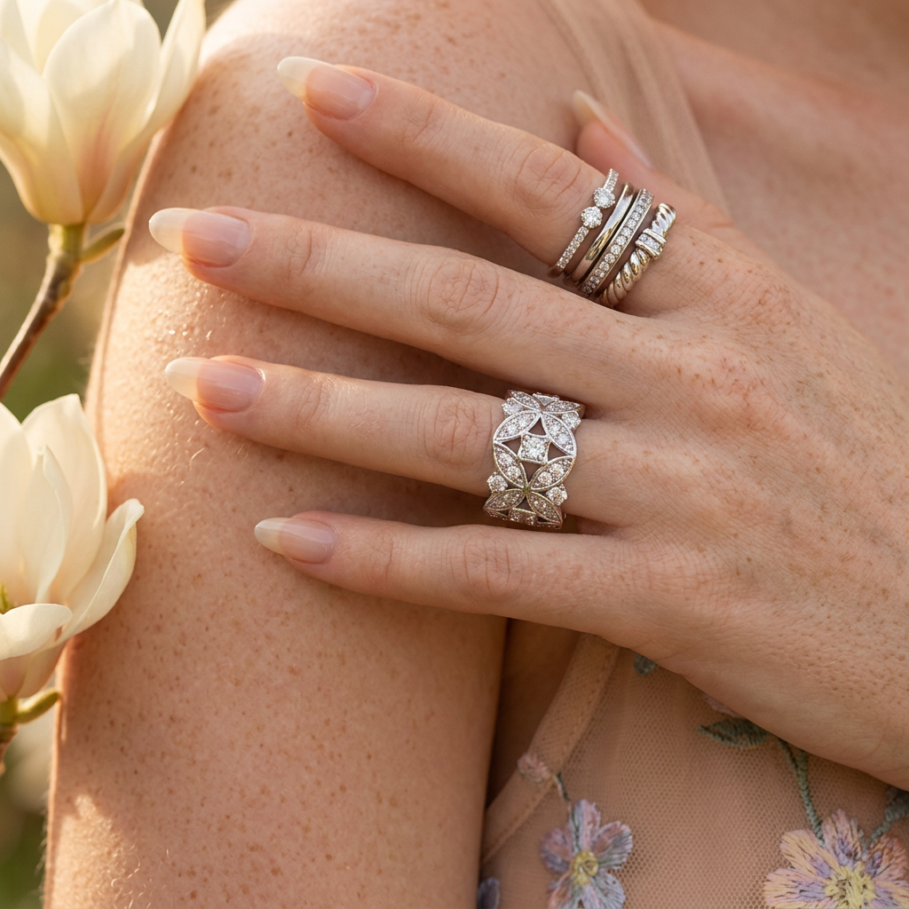 Raevia Silver Flower Pavé Band Ring