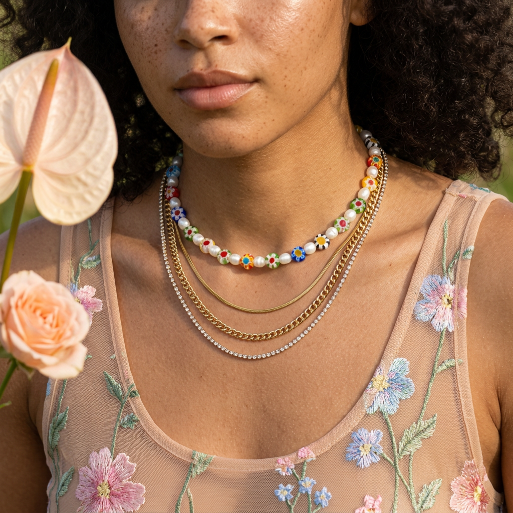 Viomia Golden Flower Bead Choker Necklace