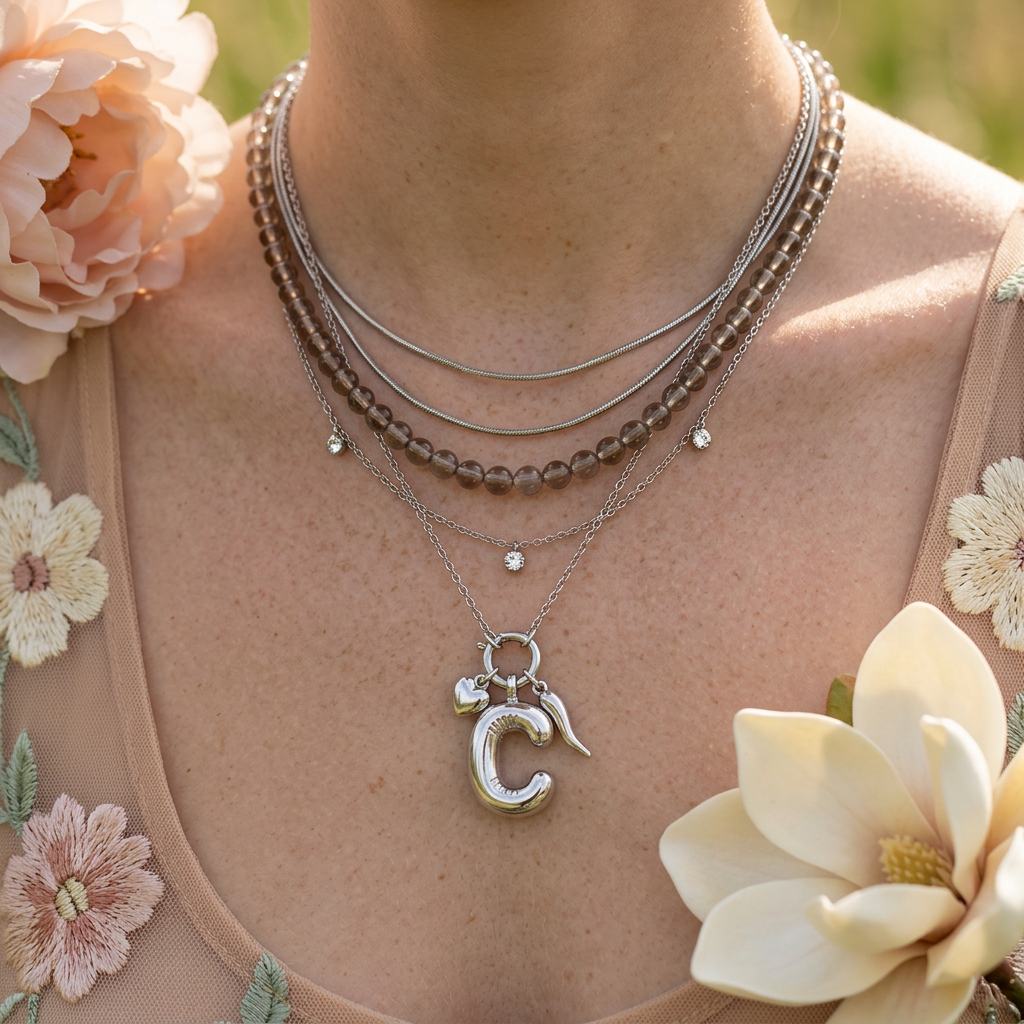 Naelia Silver "C" Letter Pendant Charm