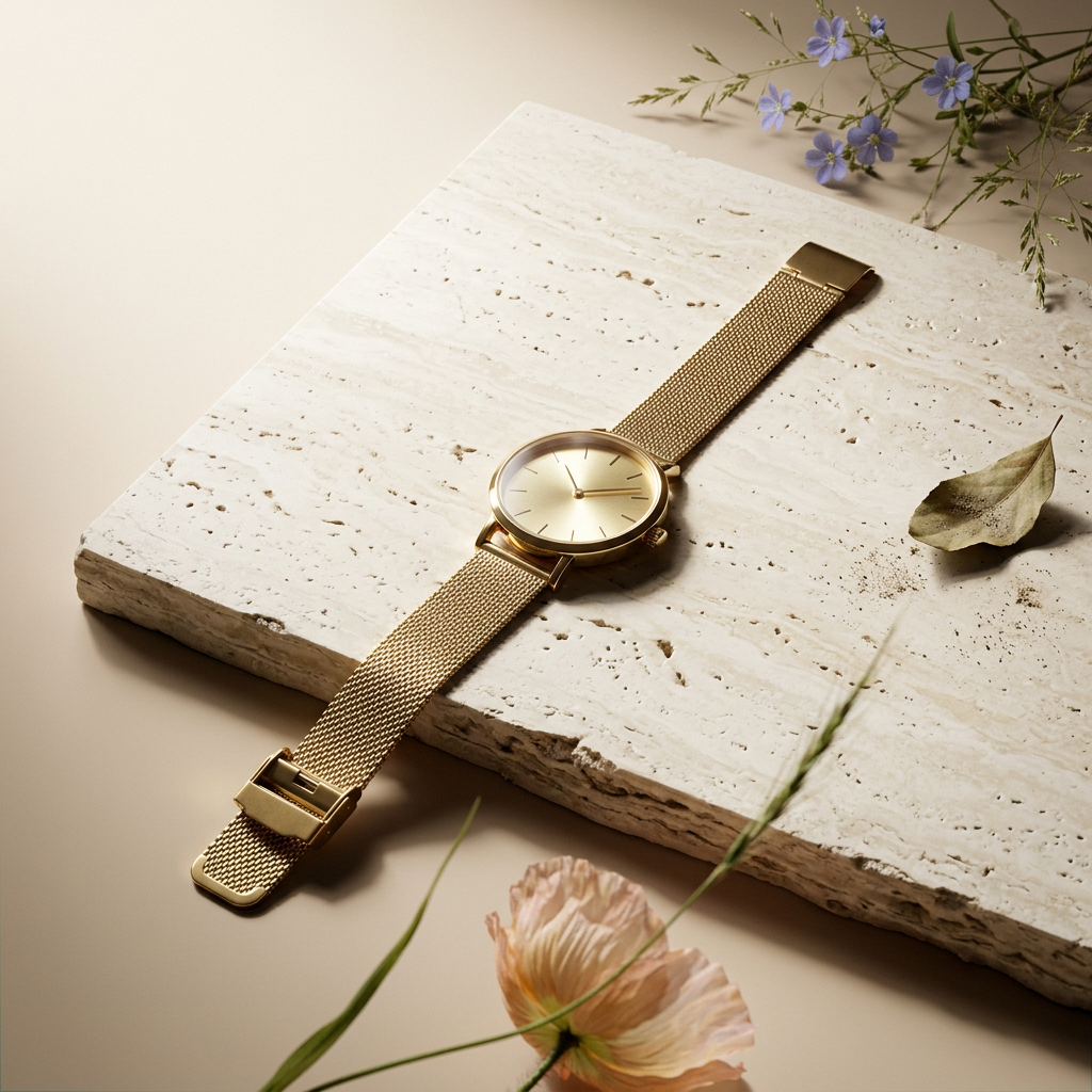 Raevia Golden Disc Mesh Strap Watch