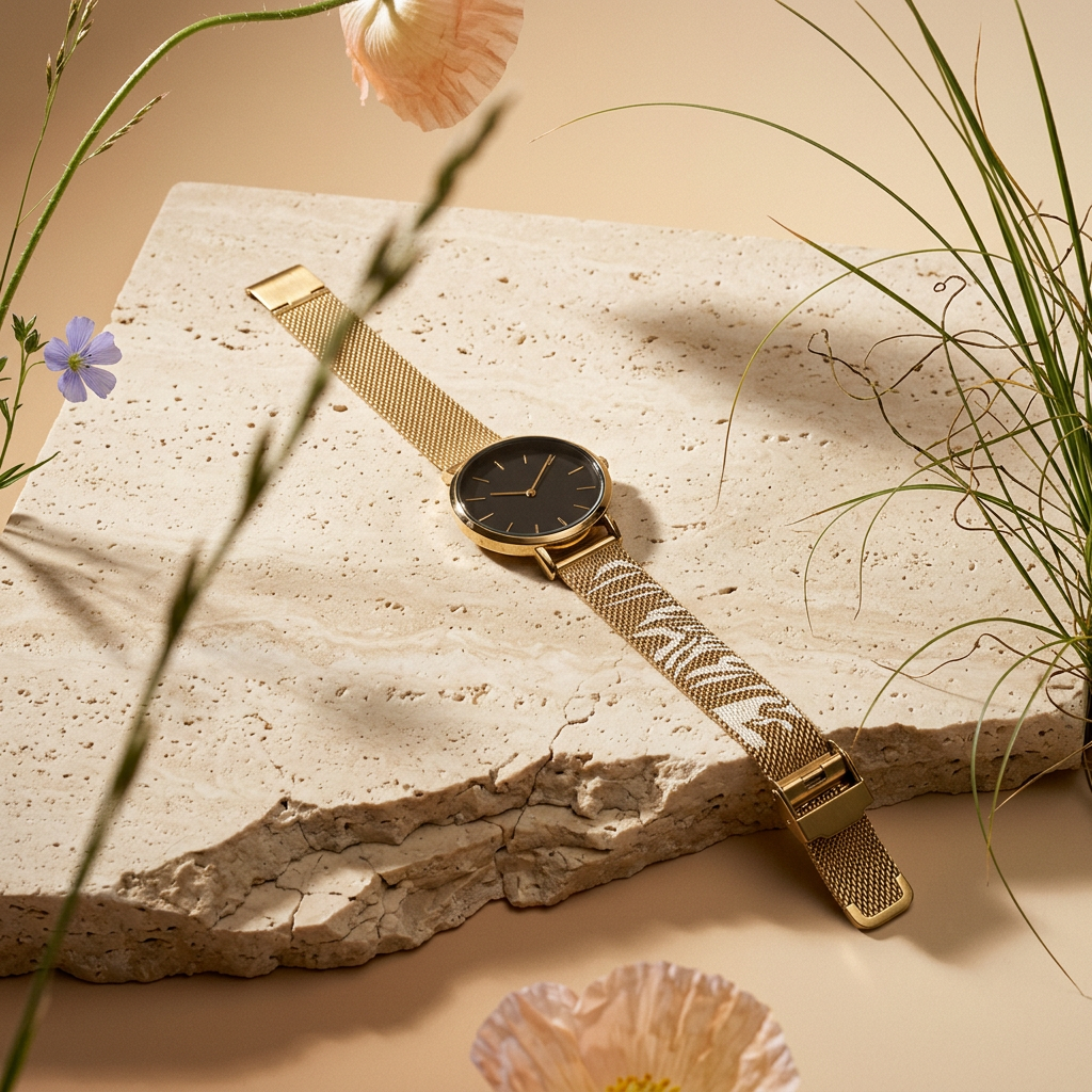 Rionia Golden Disc Mesh Strap Watch