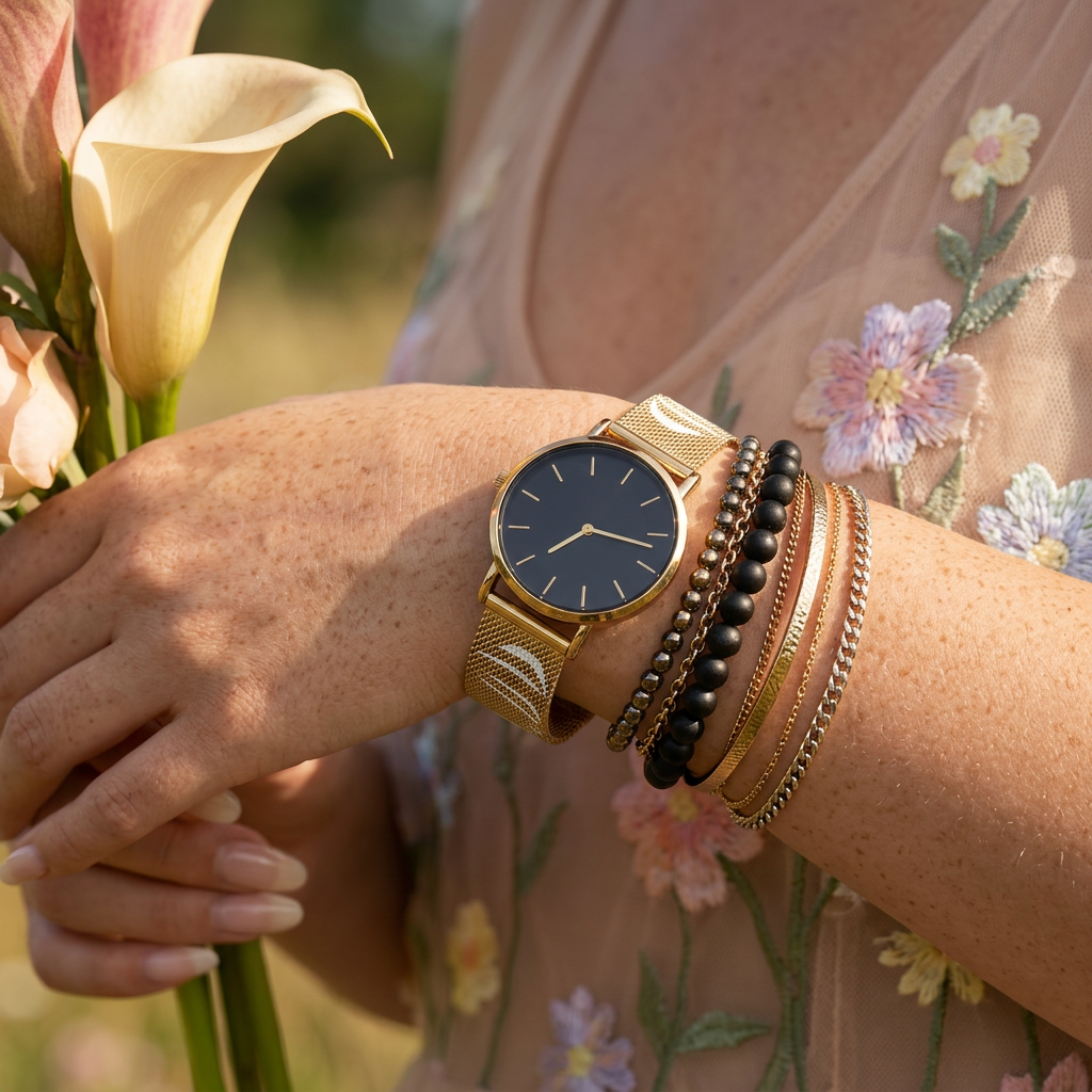 Rionia Golden Disc Mesh Strap Watch