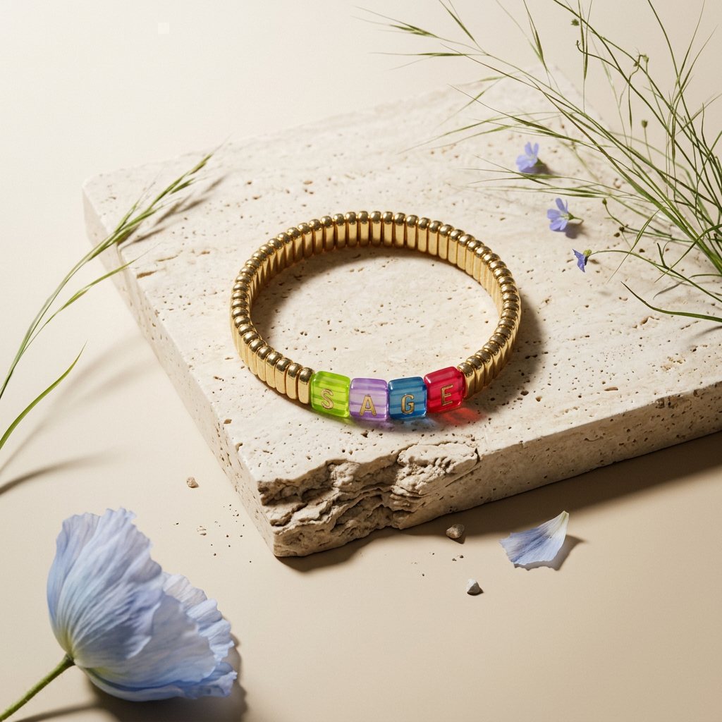 Zaevia Golden Cube "SAGE" Label Charm Bracelet