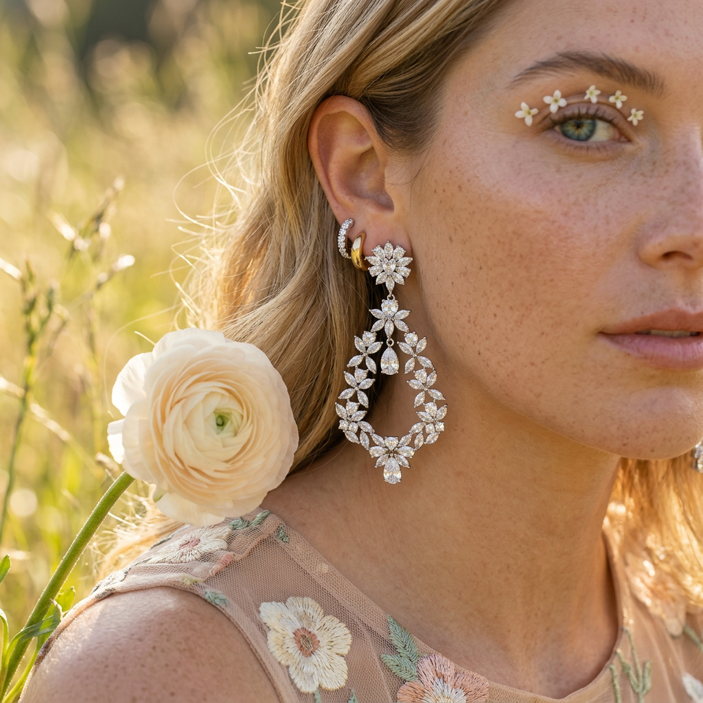 Naelia Silver Floral Drop Earrings