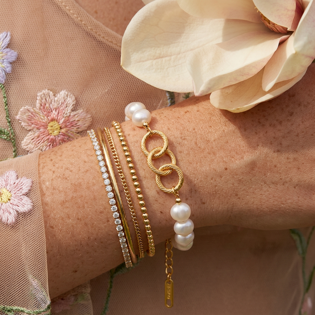 Zealia Golden Pearl Link Bracelet
