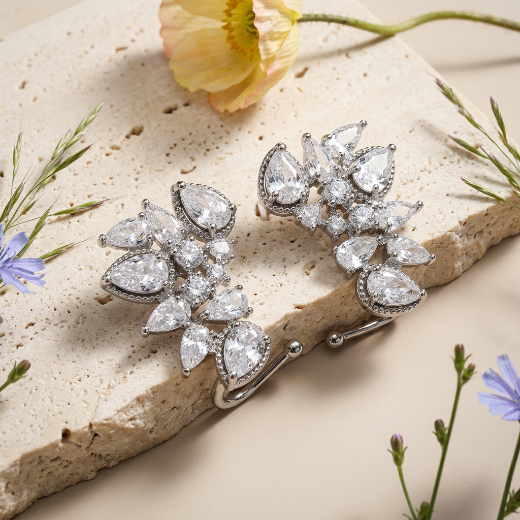 Zeolia Silver Pear Cluster Climber Earrings