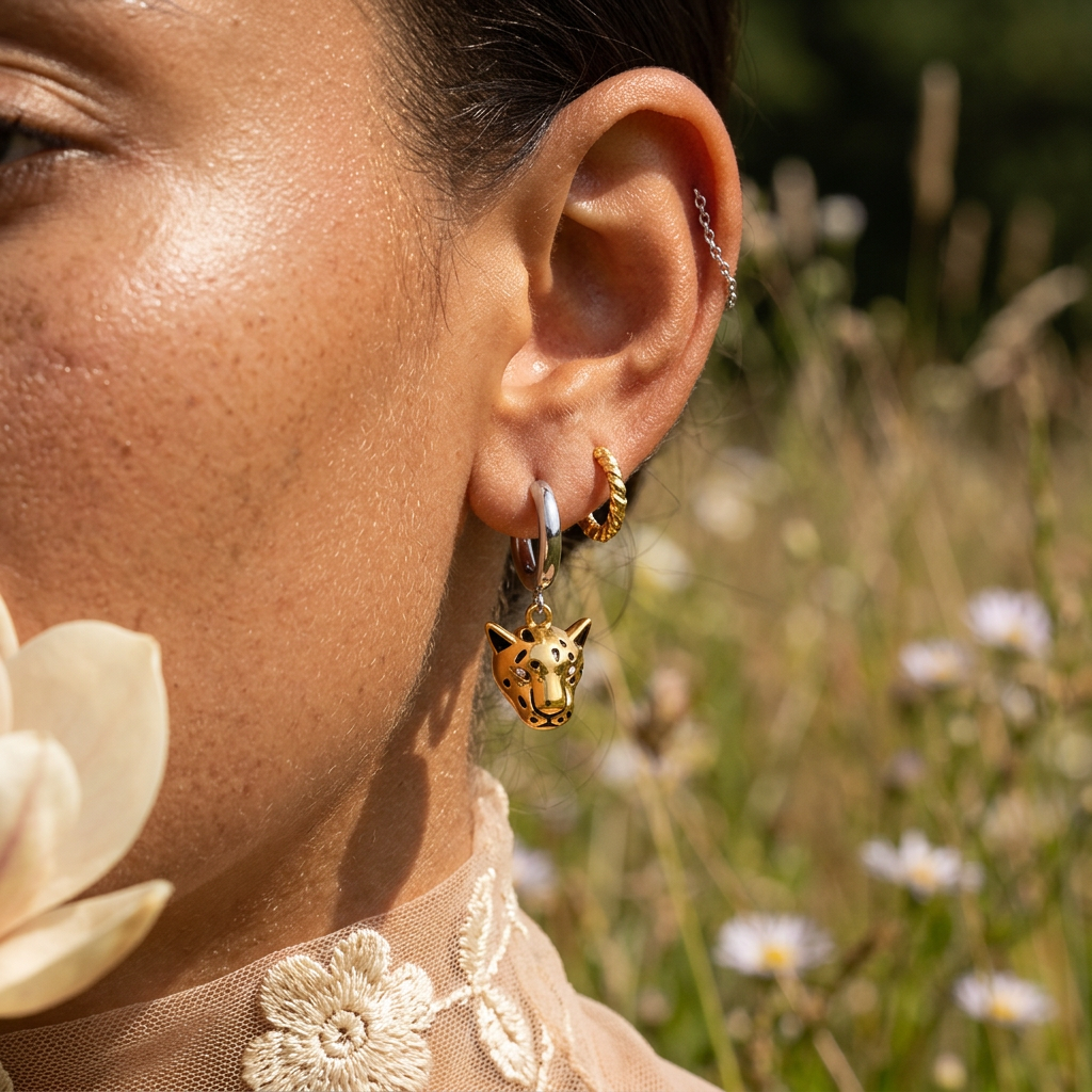 Kionia Mixed Metal Leopard Drop Huggie Earrings