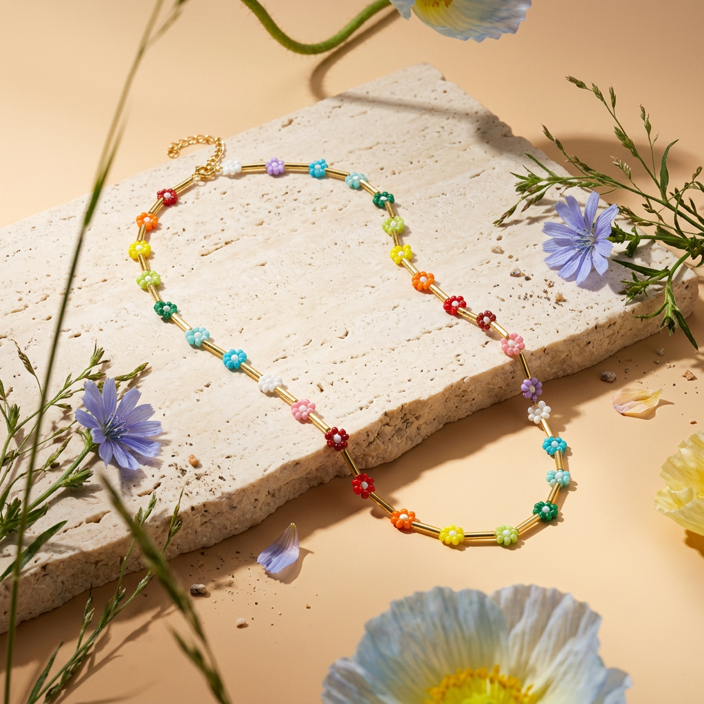Niolia Golden Flower Beaded Necklace