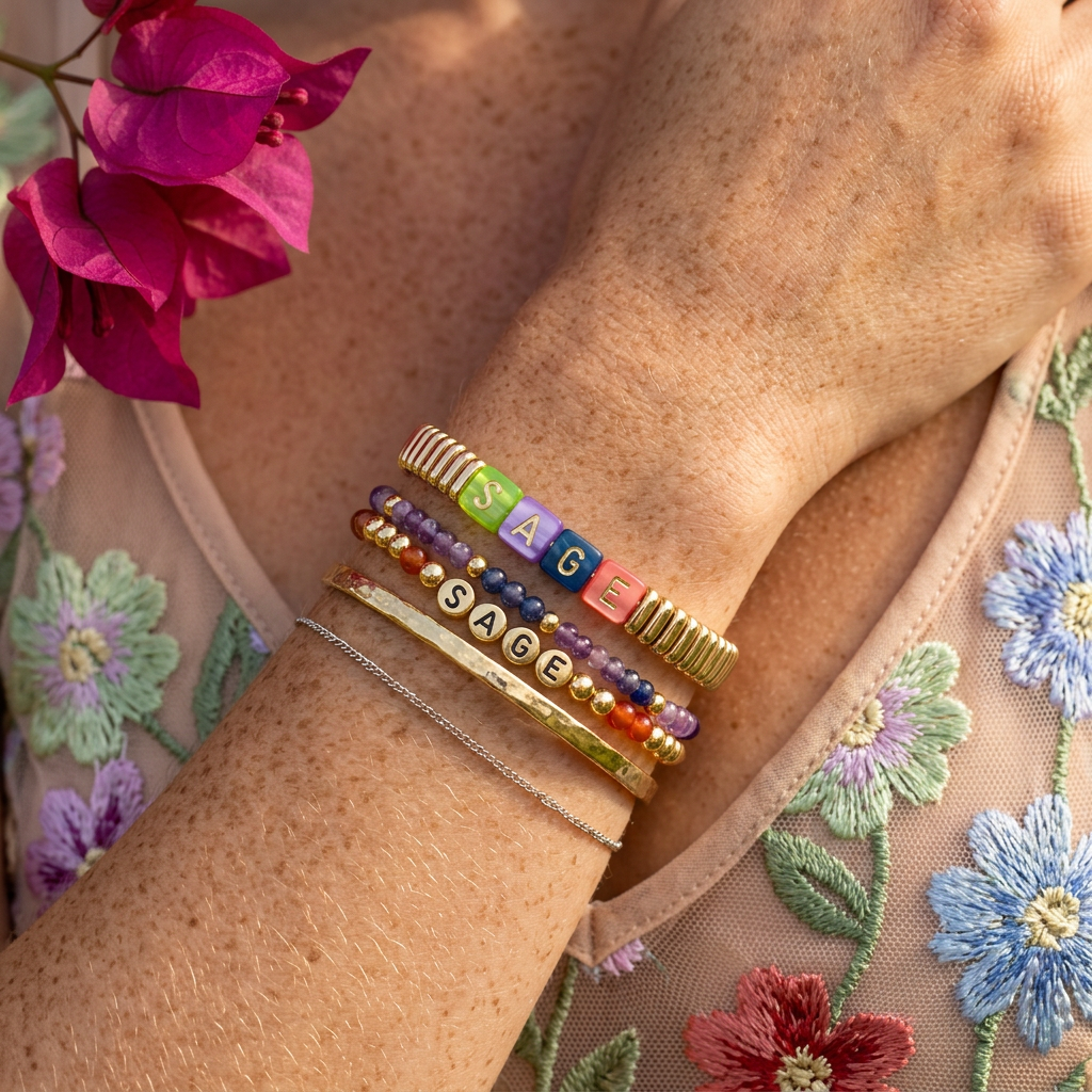 Zaevia Golden Cube "SAGE" Label Charm Bracelet