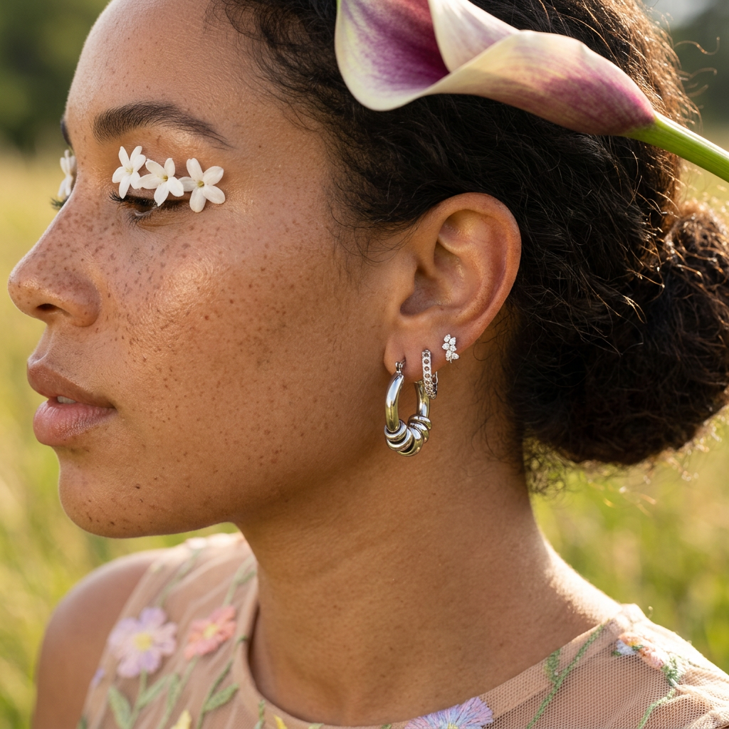 Riopha Silver Hoop Huggie Earrings
