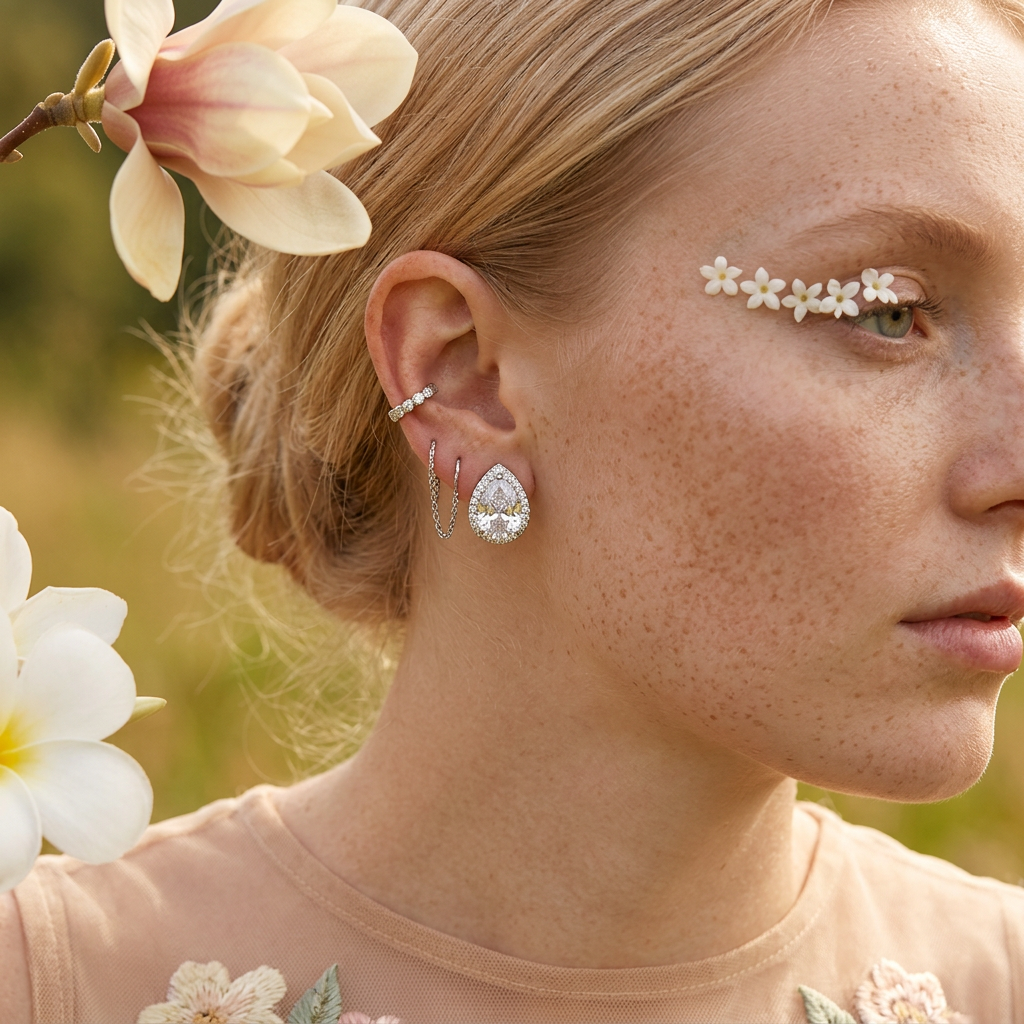 Laenia Silver Pear Halo Stud Earrings
