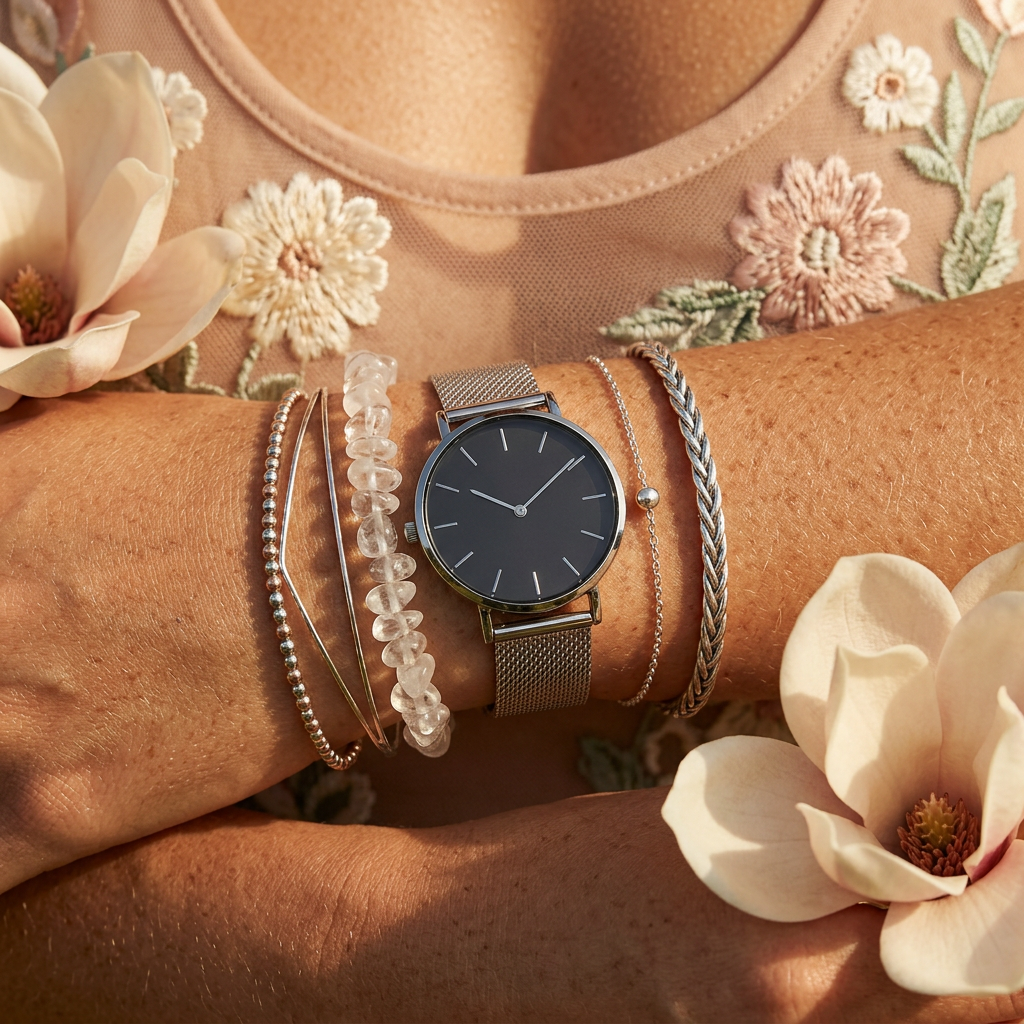 Caelia Silver Round Mesh Strap Watch