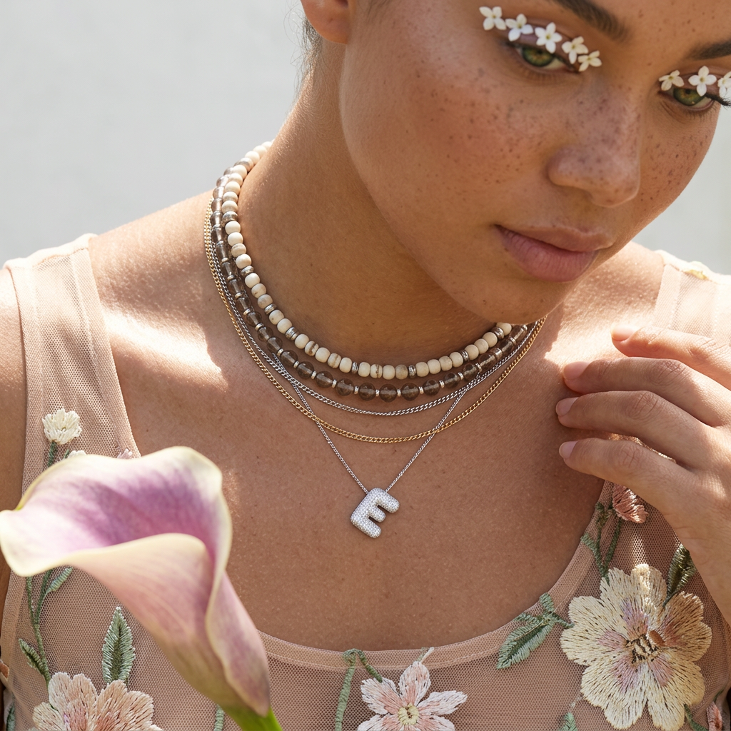 Riovia Silver "E" Letter Charm Necklace