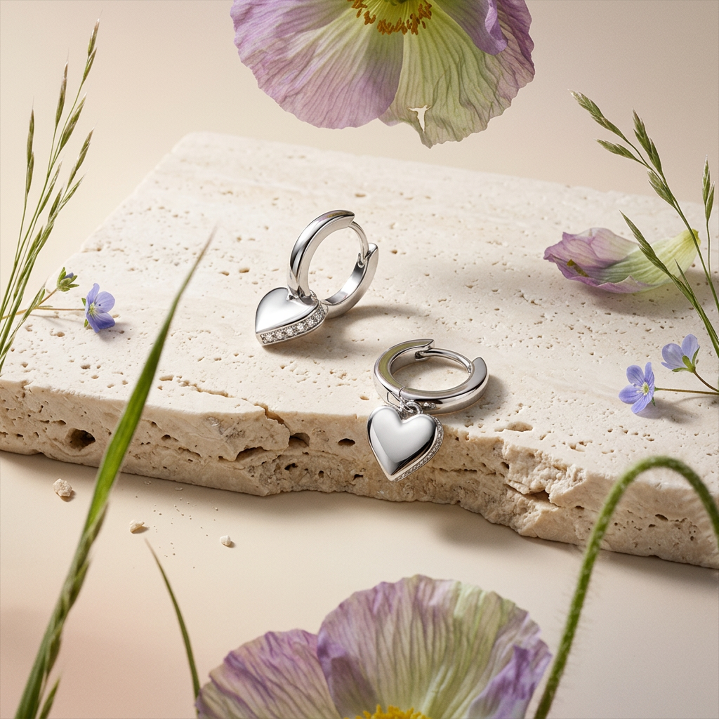 Vealia Silver Heart Drop Huggie Earrings