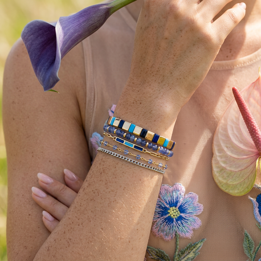 Miovia Golden Bar Thick Bead Strand Bracelet