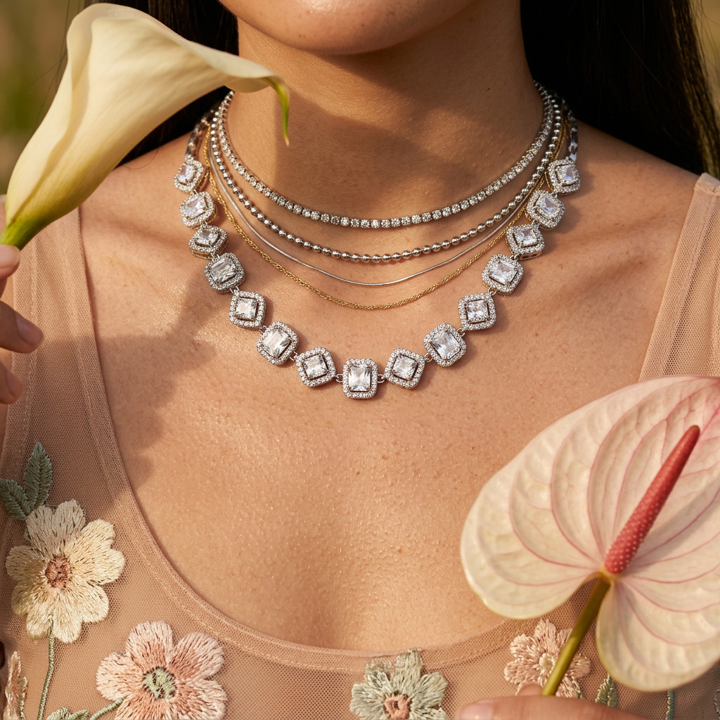 Zeovia Silver Halo Tennis Chain Necklace