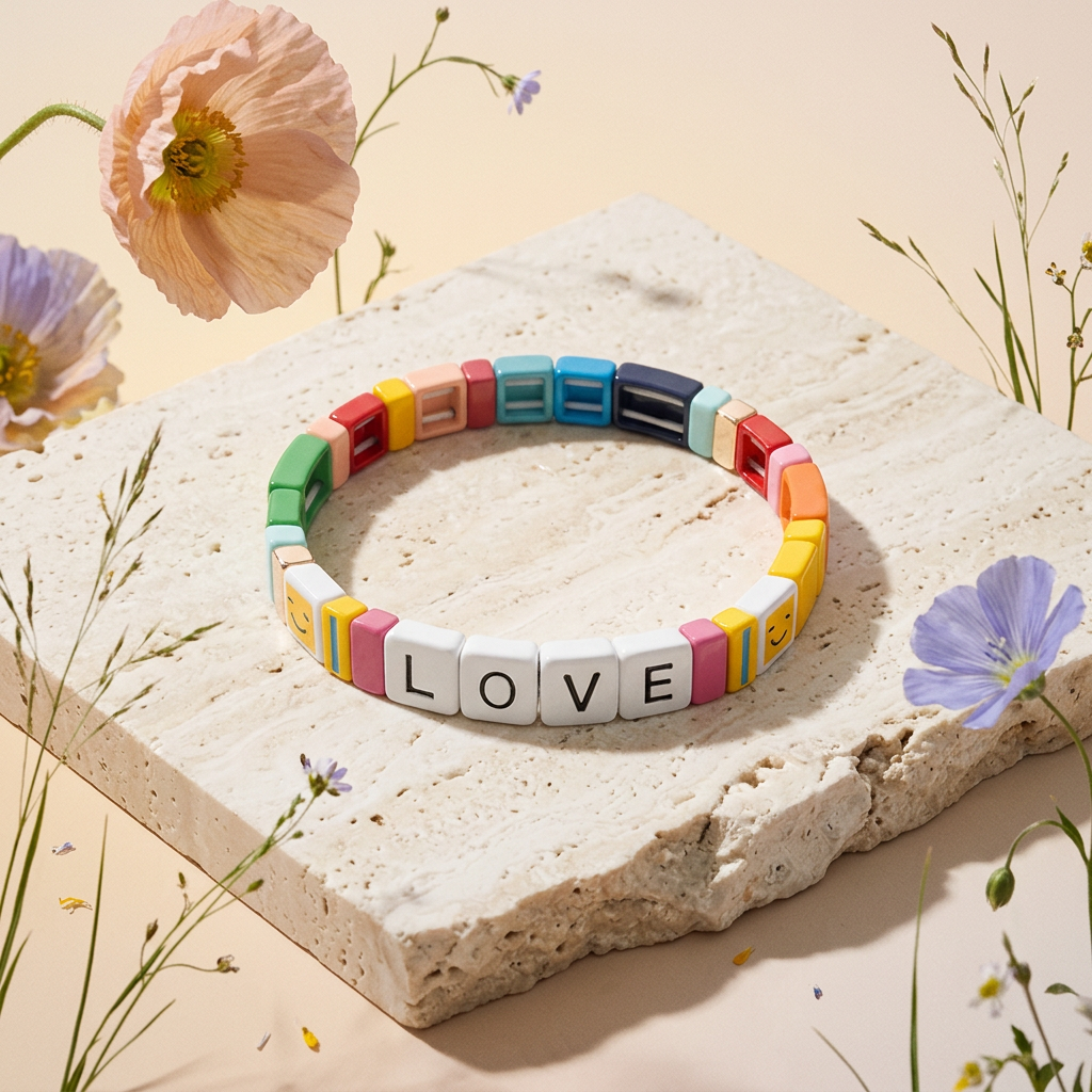 Maelina Acrylic Tile "LOVE" Label Stretch Bracelet